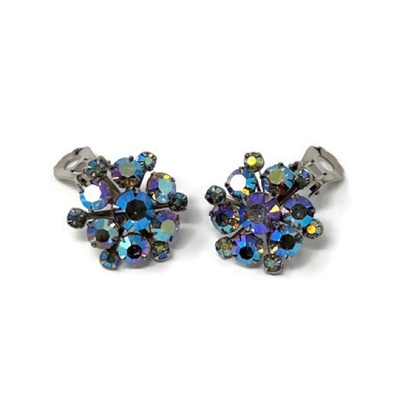 ✨SPARKLING✨ Blue Vintage AB Rhinestone Clip on Earrings - Picture 3 of 4